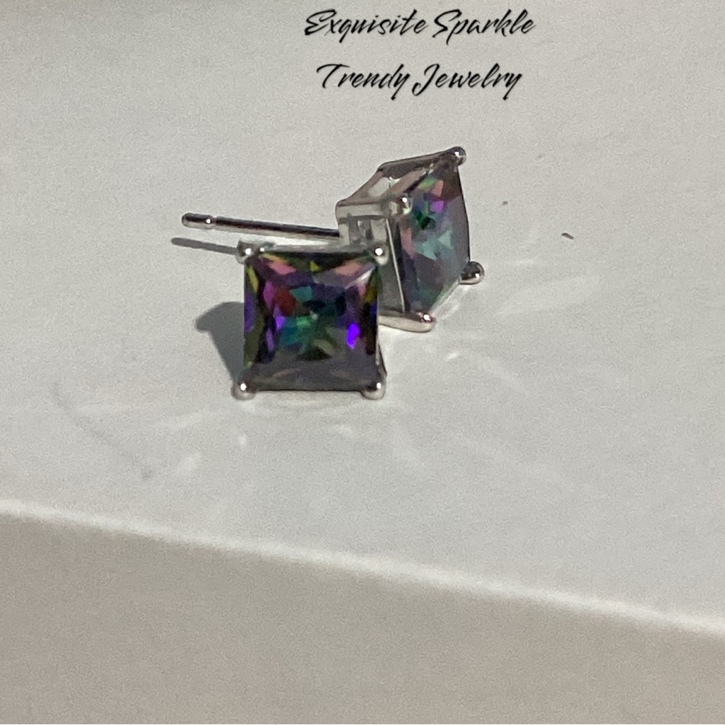 Sterling Silver Princess Cut Mystic Rainbow Topaz Stud Earrings